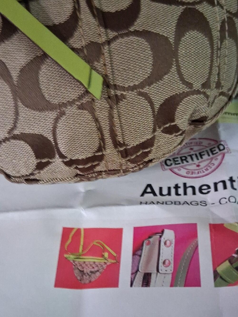 Coach VINTAGE Tan Signature Canvas Swingback Bag with Lime Trim EUC - Picture 8 of 13